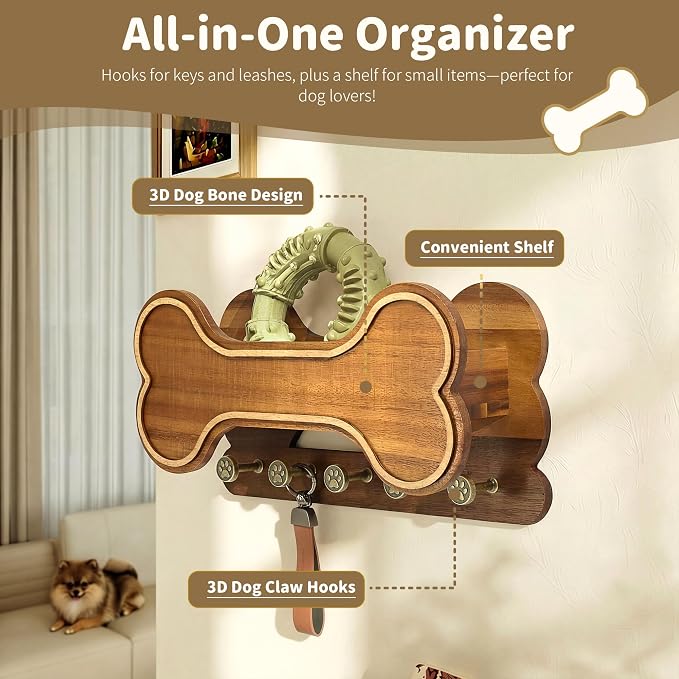 MTERSN Decorative Dog Leash Holder for Wall - Bone Key Holder Wall Mount with 5 3D Puppy Paw Hooks & Hanging Shelf for Dog Lover - Cute Stuff for Puppy Essentials (Acacia) - Image 6