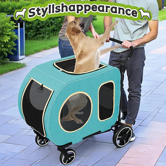 2025 Upgraded Dog Stroller for Large & Medium Dogs，Pet Stroller for 2 Small Dogs, Foldable Jogger Wagon with Detachable Carrier for Car Seat, Adjustable Handle, Up to 90 lbs, Blue