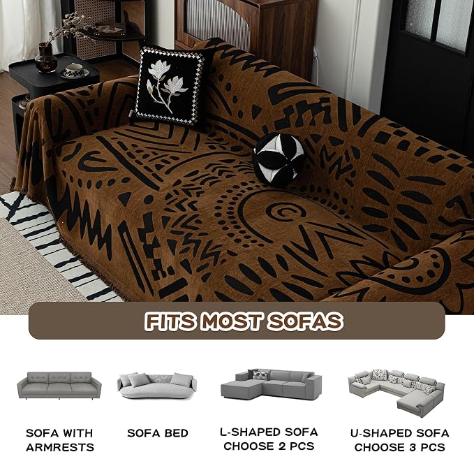 MEETSKY Boho Couch Cover Sofa Covers, Chenille Geometric Dark Brown Couch Covers for 2 Cushion Couch Sofa for Dogs, Washable Sofa Slipcover for Cat Sofa Protector with Tassels,71" x 118" - Image 6