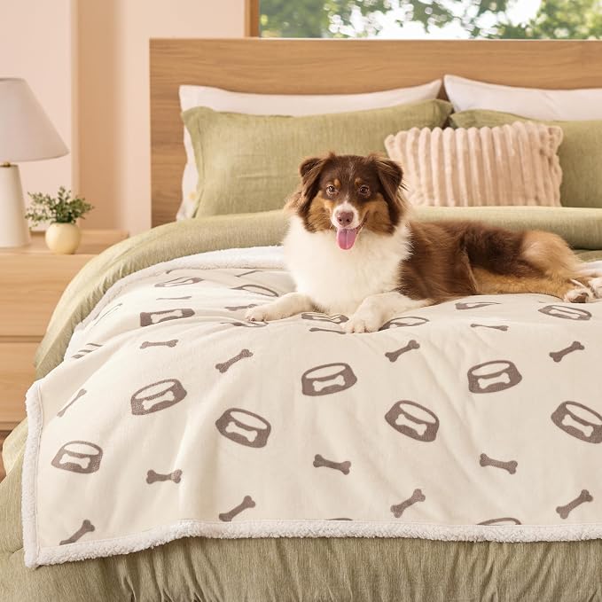 Bedsure Waterproof Dog Blankets for Large Dogs - 50"x60", Beige | Soft Print Sherpa Fleece Pet Cat Blanket Washable for Couch Bed Protection, Cozy Plush Reversible Throw Furniture Protector - Image 7