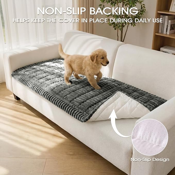 Non-Slip Washable Couch Cover for Dogs, Soft Thick Ribbed Flannel | 27.6"x59", Dark Gray, 0.8" Thick, Rubber Dot Backing, Pet-Friendly Protector for Sofa, Floor, Window Seat, Car or Camping - Image 3
