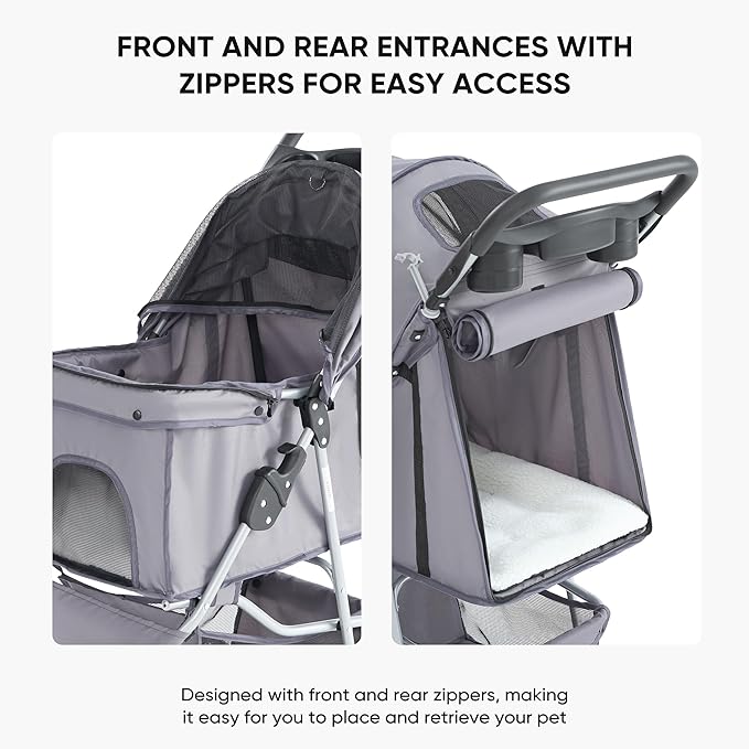 NEWBULIG 3 Wheel Pet Stroller for Dogs and Cats, Foldable, Lightweight and Durable, Ideal for Small to Medium Pets, Includes Storage Basket and Cup Holders