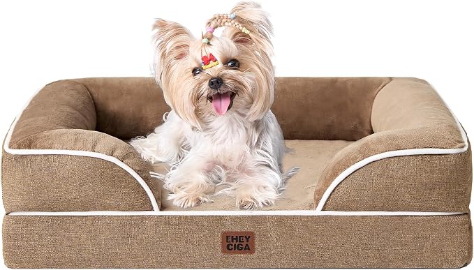 EHEYCIGA Orthopedic Small Dog Bed, Waterproof Memory Foam Washable Pet Beds | Non-Slip Bottom and Egg-Crate Foam Medium Pet Couch Bed with Washable Removable Cover, Camel by EHEYCIGA