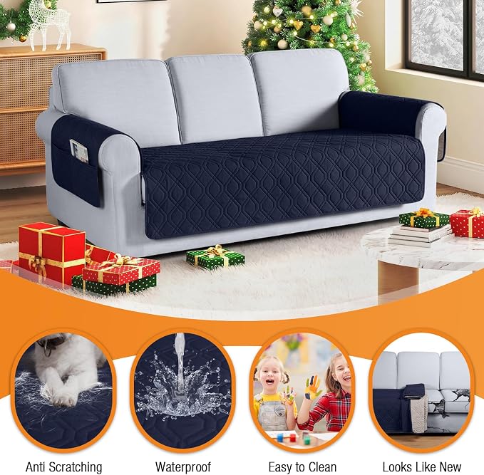 VANSOFY Waterproof Couch Cover for Pets, Dark Blue, 67.3" | Non-Slip, Washable, Utility Pockets, Pet Friendly, Furniture Protector Slipcover for 3 Cushion Couch - Image 4