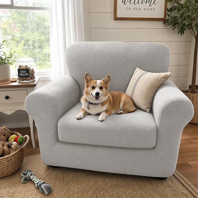 XINEAGE 2026 New 2 Pieces Chair Covers with Arms Super Stretch Chair Slipcover for Living Room Pet Dog Universal Slip Cover Anti Slip Armchair Furniture Protector (Silver Grey), 31"-46"(1 Cushion) - Image 3