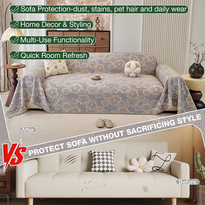 STACYPIK Floral Jacquard Gray Sofa Cover Couch Cover for 3 Cushion Couch Washable, Non Slip Sectional Slipcover for L Shaped, Vintage Botanical Floral Sofa Slipcover Chenille Throw Blanket-71X134IN - Image 4