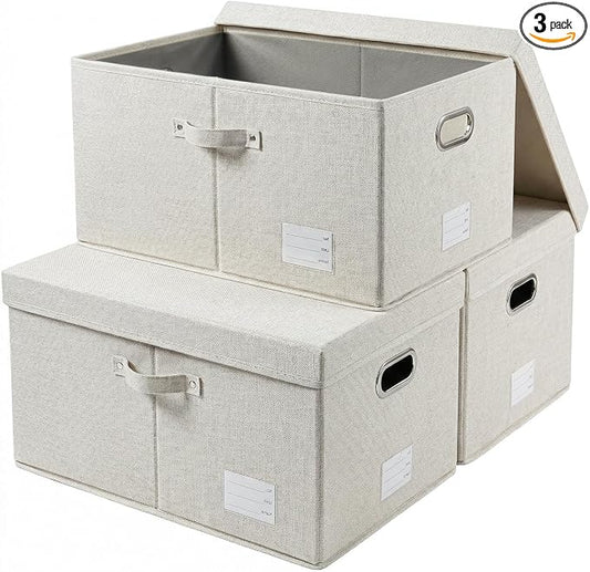 PRANDOM Storage Bins with Lids [3-Pack] Linen Fabric Foldable Storage Boxes Organizer Containers Baskets Cube with Cover for Bedroom Closet Office Beige (23.4X15.9X11.4) by Prandom