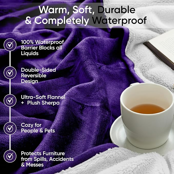 Waterproof Blanket for Bed, Couch & Sofa, Reversible Sherpa & Flannel Throw Blanket, Leakproof Soft Washable Furniture Protector for Pets & Home (Purple, 60"x80") - Image 7