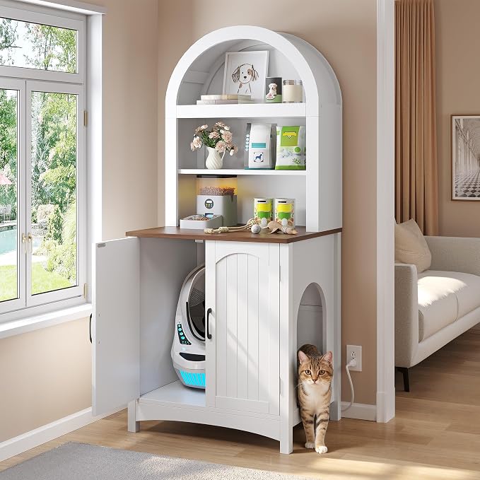 DWVO 70.8in Large Hidden Cat Litter Box Furniture with Shelves | High-Gloss Modern Litters Box Enclosure for Self-Cleaning Litter Boxes, Large Hidden Wooden Cabinet, White - Image 2