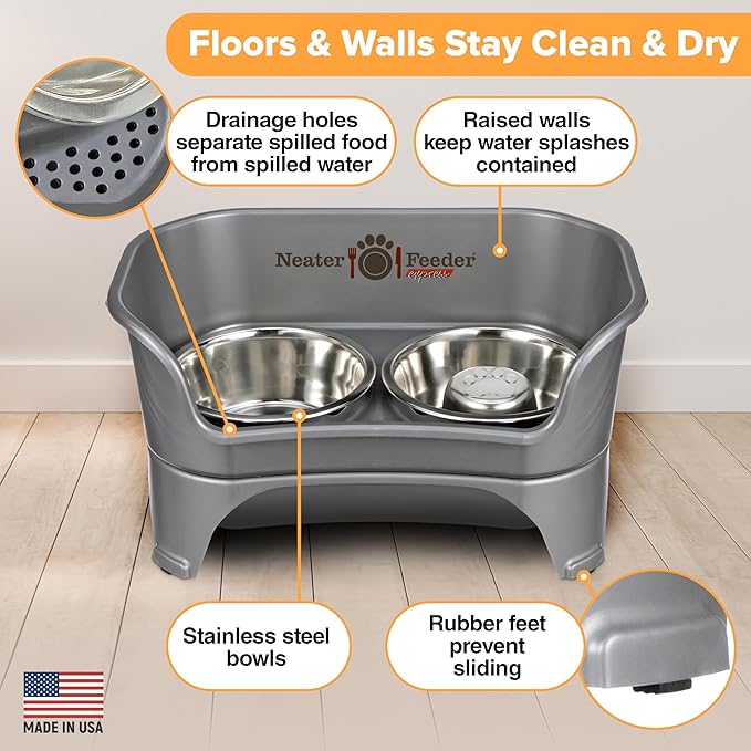 Neater Feeder - Express Model w/ Slow Feed Bowl - Mess-Proof Dog Bowls (M/L, Grey) Made in USA – Elevated, No Spill, Non-Tip, Non-Slip, Raised Stainless Steel Food/Water Pet Bowls Aid Digestion - Image 5