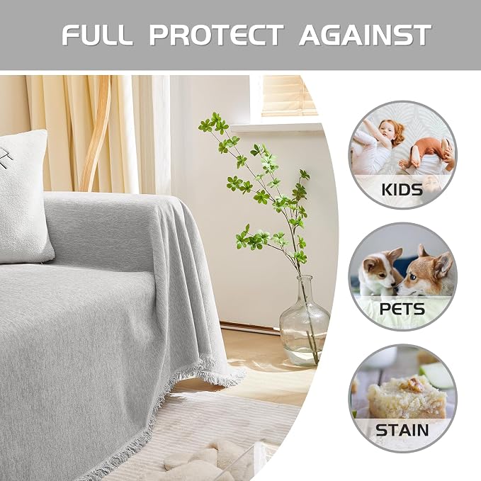MEETSKY Grey Sofa Cushion Covers Sofa Covers Dog Couch Cover for Sofa Chenille Couch Sofa Slipcover for Pets Sofa Cover Thick Washable Sectional Slip Covers for Sofas/Couches, 91" x 150", Light Grey - Image 2