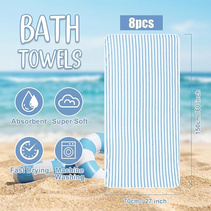 SmoothNovelty 8 Pack Microfiber Bath Towels Bulk 27'' x 60'' Oversized Bath Towel Highly Absorbent Extra Large Shower Sheets Soft Drying for Beach Pool Bathroom Salon Party(Thin Stripe,Blue) - Image 2