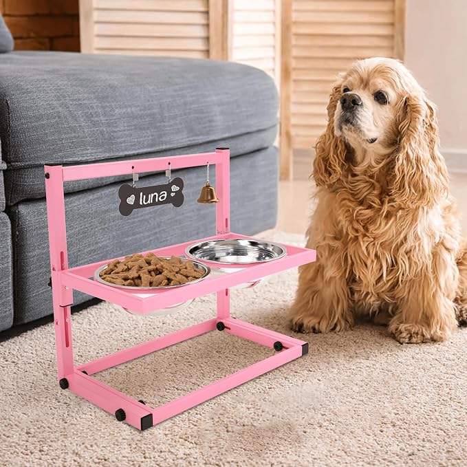 SHAINFUN Elevated Bowls for Small and Medium Dogs, Raised Stand With 2 Stainless Steel Food & Water Bowls, Adjustable Height Feeder for Puppy & Cats, Cute Pink by SHAINFUN