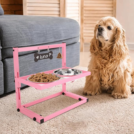 SHAINFUN Elevated Bowls for Small and Medium Dogs, Raised Stand With 2 Stainless Steel Food & Water Bowls, Adjustable Height Feeder for Puppy & Cats, Cute Pink by SHAINFUN