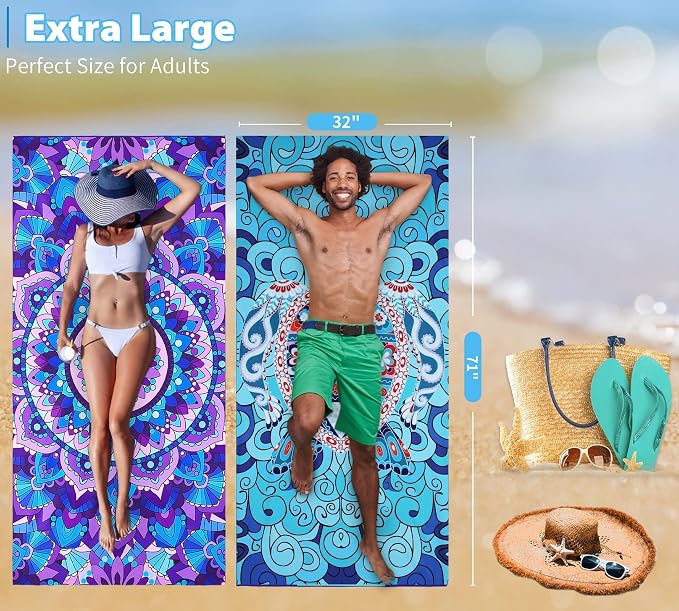2 Pack Microfiber Oversized Lightweight Beach Towel 71"x32" Extra Thin Large Sand Free Towels Travel Swim Pool Yoga Gym for Adults Women Men Beach Essentials Accessories Vacation Gift - Image 3