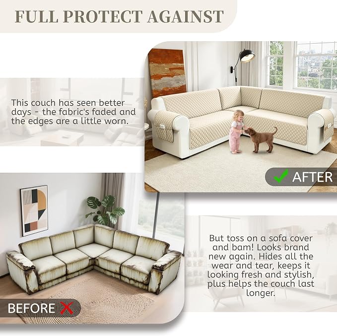 Sectional Couch Covers for Dogs 100% Waterproof Corner L Shaped Sofa Cover Pet Friendly Velvet Washable Anti Slip L Shape Modular Sofa Slipcover Protector with Pockets (Beige, Small) - Image 7