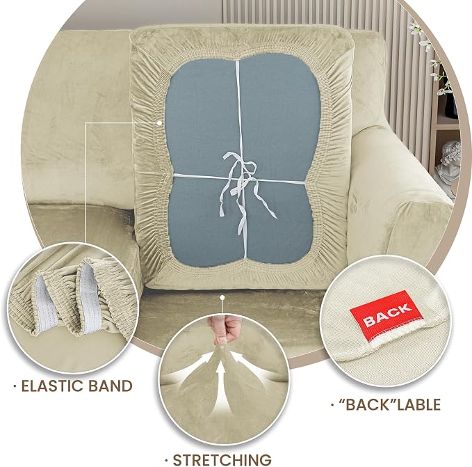 XINEAGE 4-Piece Velvet Sofa Cover,Couch Covers for Dog,Beige | 3 Cushion Sofa,Stretch Non-slip Elastic, Pet-friendly, Washable, Fast Setup, Soft Plush Fabric, Furniture Protector. - Image 7