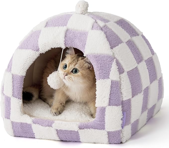 Lesure 2in1 Cute Cat House for Kitten with Washable Cushioned Pillow,16in | Cat Beds for Indoor Cats,Small Pet Cave Tent,Cozy Enclosed Foldable Hideaway,Fluffy Ball,Anti Slip Bottom,Hand Strap,Purple by Lesure