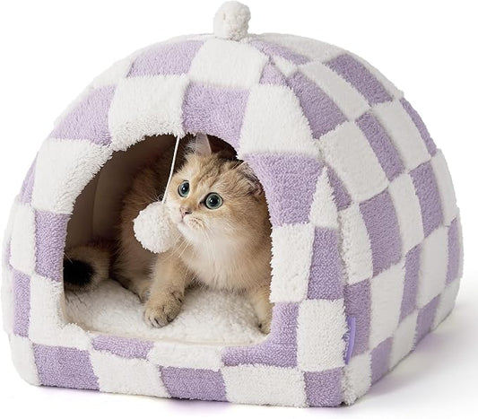 Lesure 2in1 Cute Cat House for Kitten with Washable Cushioned Pillow,16in | Cat Beds for Indoor Cats,Small Pet Cave Tent,Cozy Enclosed Foldable Hideaway,Fluffy Ball,Anti Slip Bottom,Hand Strap,Purple by Lesure