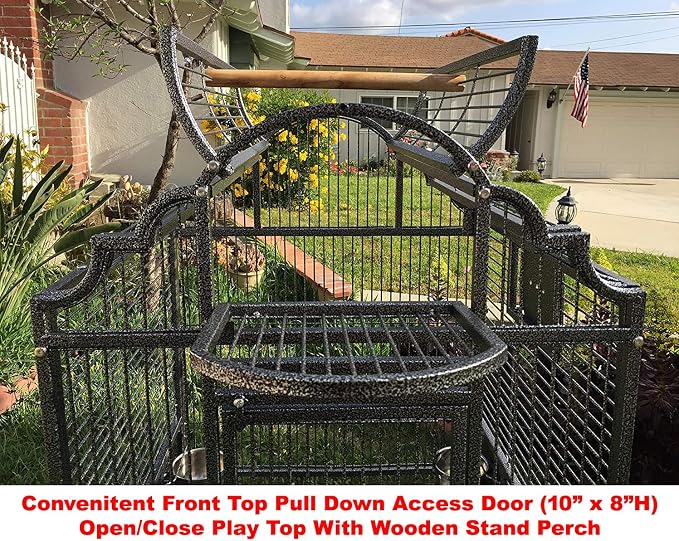 Large Elegant Wrought Iron Open Dome Play Top Bird Parrot Cage, Include Metal Seed Guard Solid Metal Feeder Nest Doors - Image 3