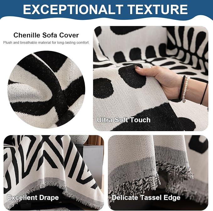 VClife Bohemian Couch Cover Western Aztec Sofa Cover for 3 Cushion Couch Sofa Washable Chenille Sofa Slipcover Boho Non Slip White Black Geometric Couch Slip Cover for Sectional Sofa 71''x134'' - Image 5