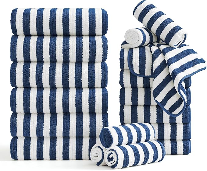 Smuge 18 Pcs Bath Towel Set, Include 6 Bath Towel Sheets, 6 Hand Towels and 6 Washcloths - Highly Absorbent Quick Dry Microfiber,Ultra Soft Bathroom Towel Set with Hanging Loop - Blueberry by Smuge