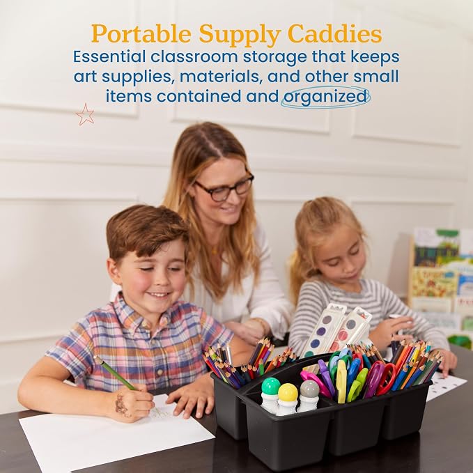 ECR4Kids 6-Compartment Large Plastic Caddy, Multipurpose Organization, Black, 6-Pack - Image 3