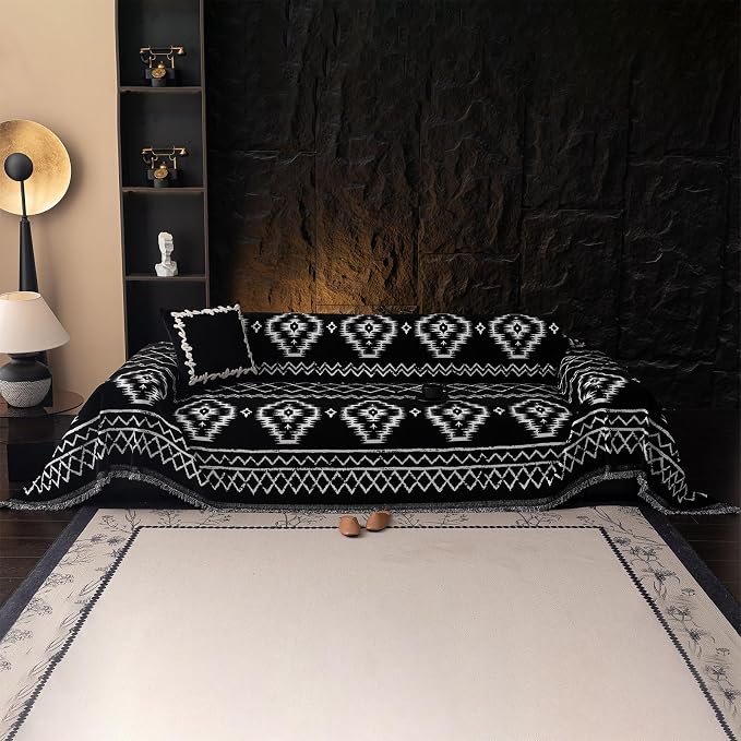 VClife Boho Couch Cover Chenille Sofa Cover for Sectional Sofa, Non Slip Couch Covers for 2 Seater Sofa Pet Friendly Sofa Protector with Tassel, Tribal Pattern Couch Slipcover, Black, 71"X118" - Image 6