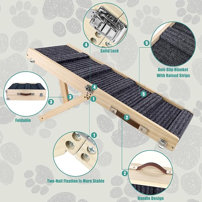 Wooden Folding Portable Pet Ramp. 4 Levels Adjustable 9" to 17.3" with Non-Slip 5 Paw Traction Mat for Small Medium Doggie. Dog Ramps-GY