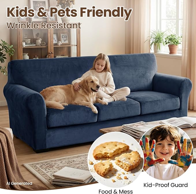 XINEAGE 4-Piece Velvet Oversize Sofa Cover, Couch Covers for Dog,Navy Blue | 3 Cushion Large Sofa,Stretch Non-slip Elastic, Pet-friendly, Washable, Fast Setup, Soft Plush Fabric, Furniture Protector. - Image 6