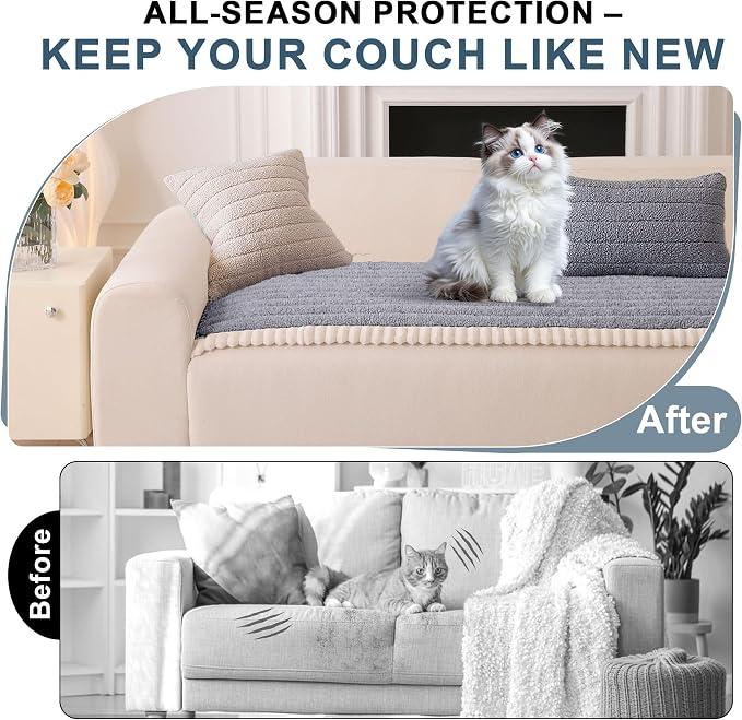 OTOB Sofa Covers for 3 Cushion Couch Washable, All Seasons Fuzzy Non Slip Kids & Pet Friendly Dog Bed Mats Couch Cover, Soft Plush Sofa Slipcovers Furniture Protector (Light Gray, 27.6" x 70.9'') - Image 2