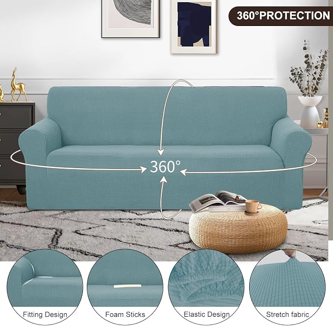 U-NICE HOME Oversized Stretch Couch Cover Slipcover, Light Blue | 3 Cushion Sofa, 1-Piece Sofa cover, Washable, Pet friendly, Furniture protector, Polyester Spandex Jacquard fabric - Image 3