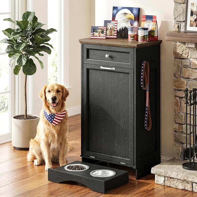 21’’W Dog Feeding Station with Storage, Tilt Out Dog Food Cabinet with Drawer, 2 Feeding Bowls, Pet Food Storage, Cat Feeding Station, Dogs Storage Organizer, (Black, Single Door) by Unknown