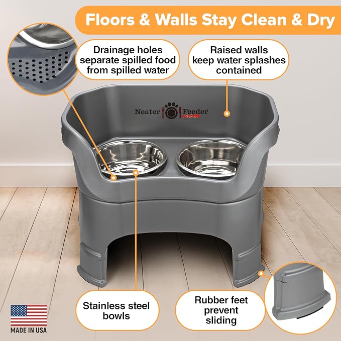 Neater Feeder Deluxe Mess Proof Dog Bowls Elevated for Large Breeds – Made in USA – No Spill Raised Slow Feeder Elevated Dog Bowl Stand, Stainless Steel Food and Water Bowl Set, Grey - Image 5