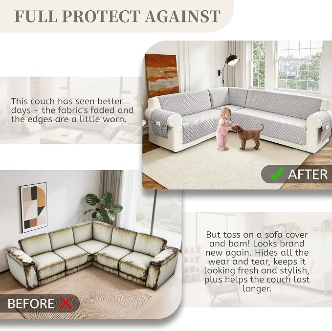 Sectional Couch Covers for Dogs 100% Waterproof Corner L Shaped Sofa Cover Pet Friendly Velvet Washable Anti Slip L Shape Modular Sofa Slipcover Protector with Pockets (Pale Gray, XL Plus) - Image 7