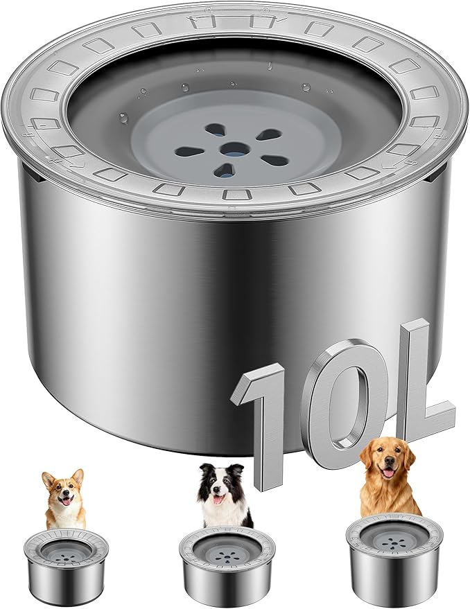 Heouvo 2.6 Gallon No Spill Dog Water Bowl with Slow Drink Floating Disk | Splash-Proof Lid + Stainless Steel Bowl/Rubber Bottom/Slobber Stopper Water Bowl for Large Sloppy Messy Drinkers Reduce Mess by Heouvo