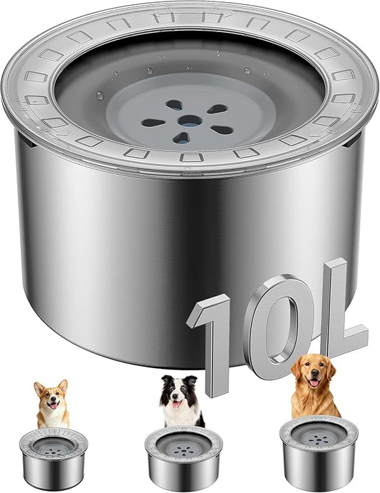 Heouvo 2.6 Gallon No Spill Dog Water Bowl with Slow Drink Floating Disk | Splash-Proof Lid + Stainless Steel Bowl/Rubber Bottom/Slobber Stopper Water Bowl for Large Sloppy Messy Drinkers Reduce Mess by Heouvo