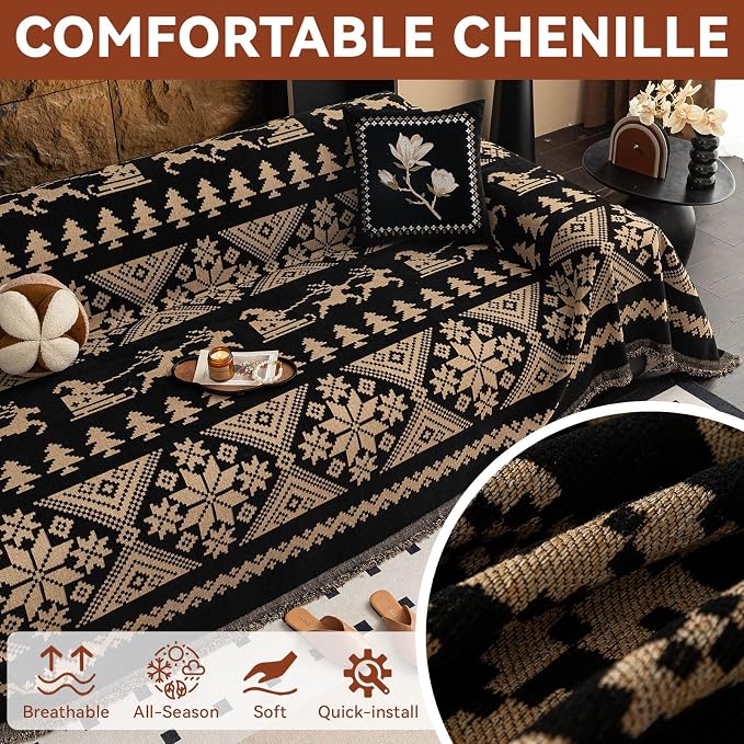 VClife Boho Couch Cover for Sofa, Anti Slip Chenille Sofa Cover for Sectional Sofa - 1 Piece Black Khaki Geometry Jacquard Sofa Slipcover, Pet-Friendly Couch Cushion Cover with Tassel 71"x 134" - Image 3