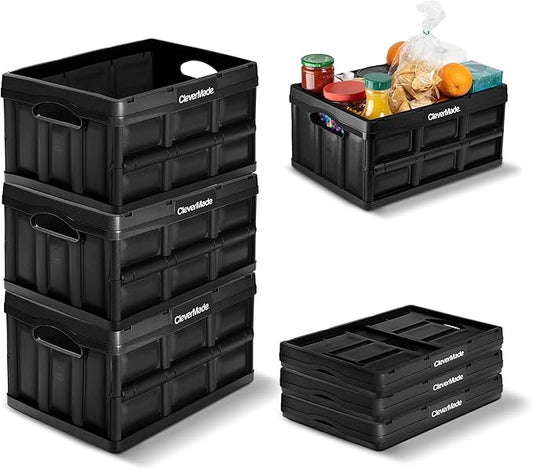 CleverMade Collapsible Storage Bins, 32L, 3 Pack, Obsidian | Reinforced plastic handles groceries, tools, and sports gear. Interlocking bins stack open and nest compactly when folded. by CleverMade