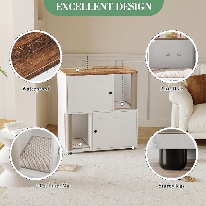 Litter Box Cabinet, Hidden Cat Litter Box Furniture with Dual Compartments, Odor Control & Scratch-Resistant Panels, Compact Enclosure for Multiple Cats, White Black Grey - Image 6