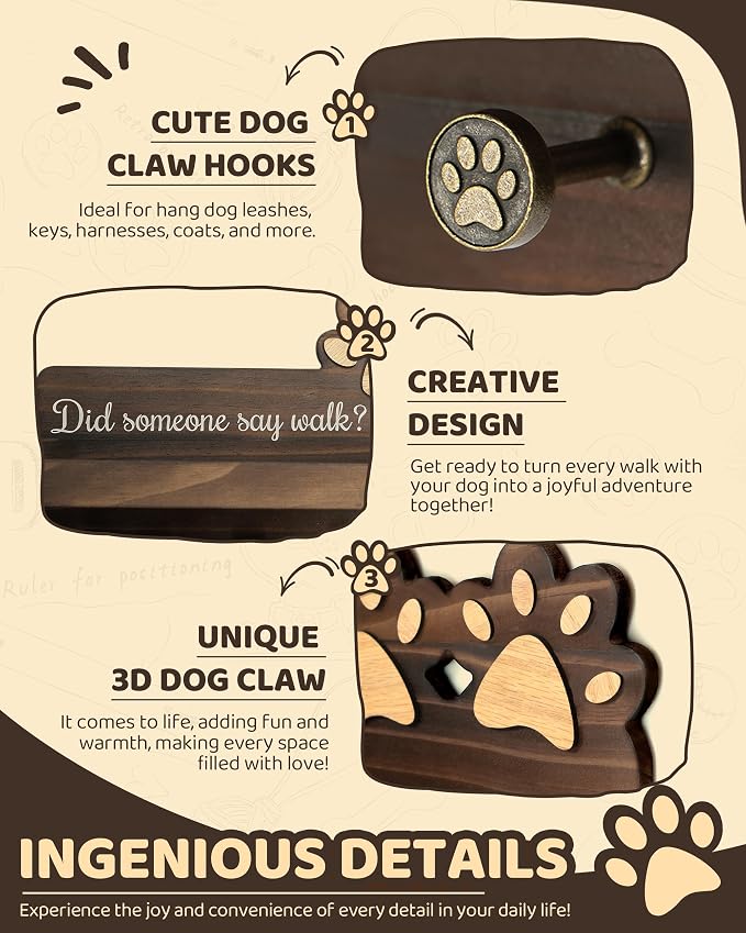 MTERSN Farmhouse Dog Leash Holder for Wall - Cute Key Holder Wall Mount with Floating Shelf & 6 Paw Hooks - Dog Lover Gifts for Wall Organize and Elevate Room Decor (Brown) - Image 5