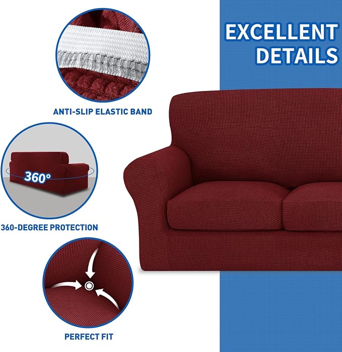 MAXIJIN 2 Piece Chair Slipcovers with Arms Super Stretch Chair Covers for Living Room Dogs Pet Proof Fitted Sofa Couch Protector Spandex Non Slip Armchair Slipcover Washable (Chair, Wine Red) - Image 5