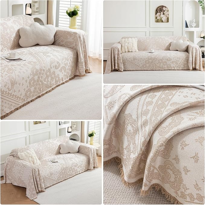 Deep Dream Boho Couch Cover Blanket, Soft Chenille Sofa Covers for 3 Cushion Couch, Sofa Slipcovers Washable Living Room Furniture Protector for Dogs Pets (Cream, 71"x118") - Image 3