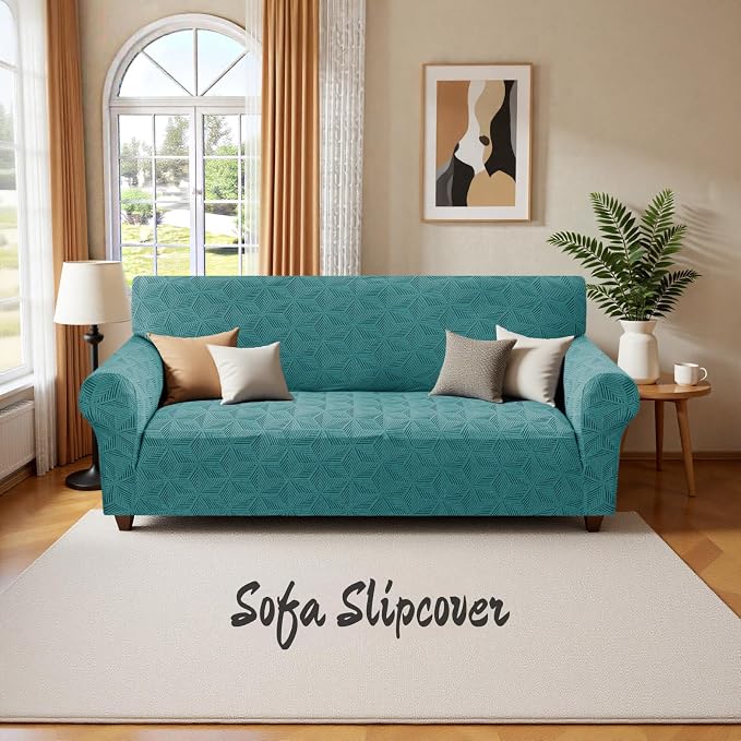 YEMYHOM 1 Piece Stretch Couch Covers for 3 Cushion Couch, Jacquard Sofa Cover with Non-Slip Elastic Bottom, Thickened Slipcover Furniture Protector for Dogs Pets (Large, Peacock Blue） - Image 8