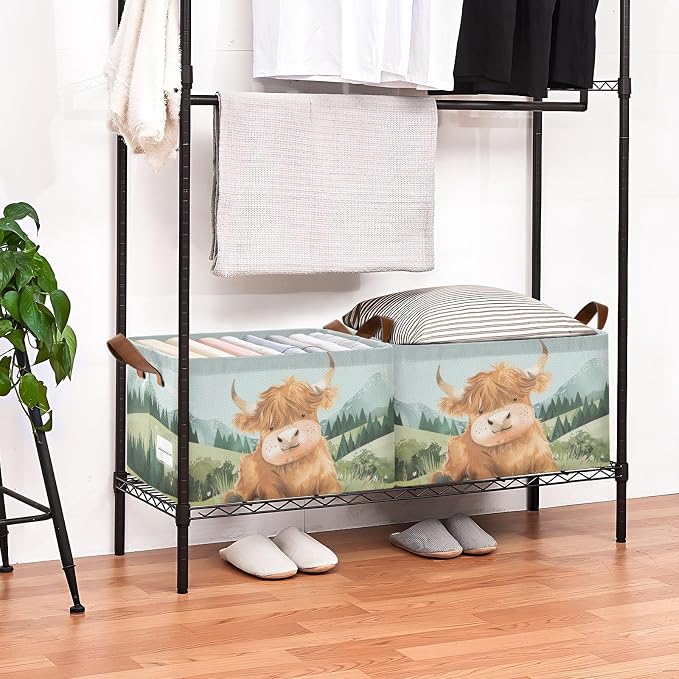Cute Highland Cow Green Grass Baby Storage Basket with Labels&Handles Rectangular Waterproof Nursery Storage Bins Collapsible Shelf Organizer Baskets for Kids Books Cloth Gift Basket Toys Laundry - Image 2