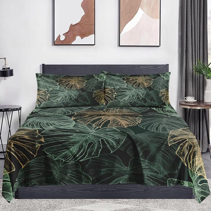WeCozy King Size Bed Sheet Sets with Pillowcases, Green Tropical Leaves 4 Pcs Soft Microfiber Bedding Set for Kids and Adults, Monstera Palm Tree Flat Sheet, Fitted Sheet for Bedroom Bed Decor - Image 2