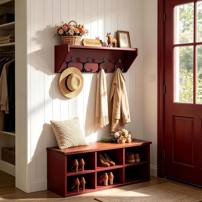 SKOLOO Wall Shelf with Hooks, 24-Inch Cherry Coat Rack Wall Mount with Shelf Organizer - Heavy Duty, 4 Tri Hooks - Perfect for Entryway, Hallway, Living Room, Bedroom, Mudroom - Image 7