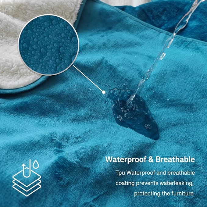Waterproof Queen Size Blankets for Bed Absorbent 60''x80'', Water Proof and Stain Resistant Coach Cover, Water Resistant Throw Blankets, Soft Leakproof Sherpa Mattress or Furniture Protector (Blue) - Image 2