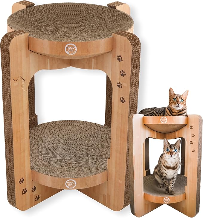 Necoichi Cat Scratcher Tower for Indoor Cats - Cat Scratching Post Lounger with Reversible Usability and Extra Comfort for Lounge, Cardboard Bed Couch / (Regular, Oak) by NECOICHI