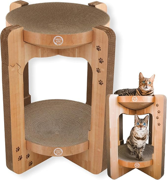Necoichi Cat Scratcher Tower for Indoor Cats - Cat Scratching Post Lounger with Reversible Usability and Extra Comfort for Lounge, Cardboard Bed Couch / (Regular, Oak) by NECOICHI